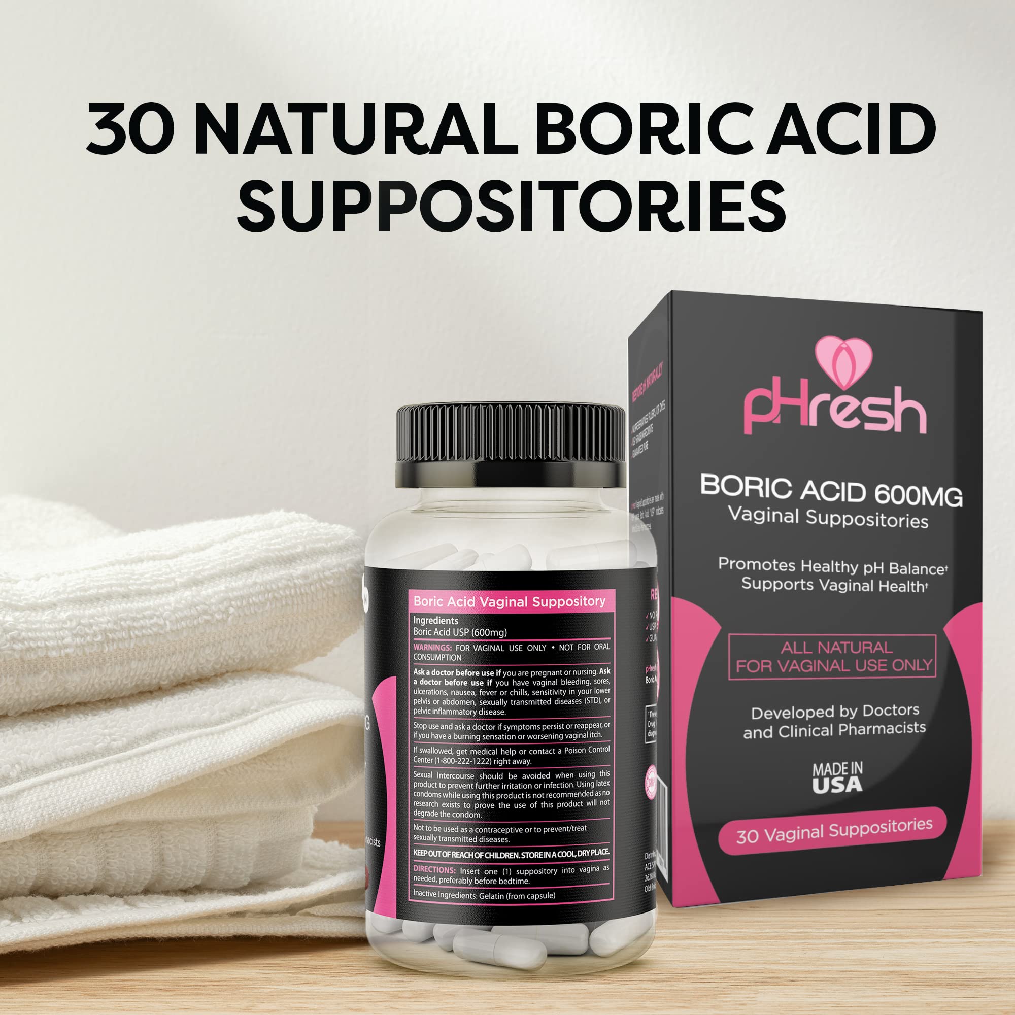 ACE NUTRITION pHresh Boric Acid Suppositories & Vaginal pH Test Strips Bundle